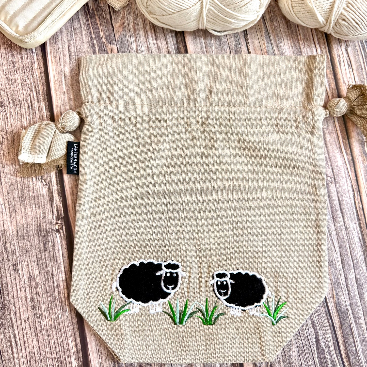 Knitting Project Bag: Lantern Moon Meadow Drawstring Bag, Embroidered Sheep
