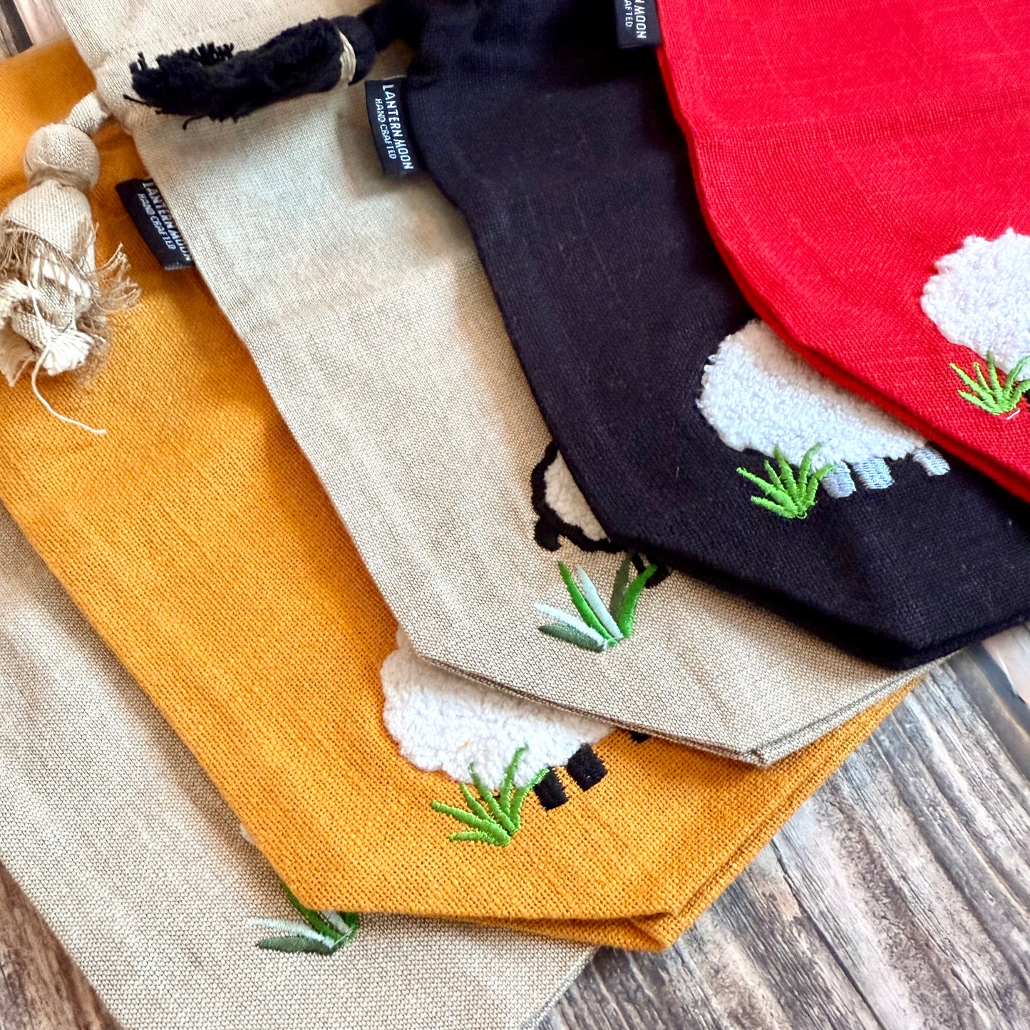 Knitting Project Bag: Lantern Moon Meadow Drawstring Bag, Embroidered Sheep