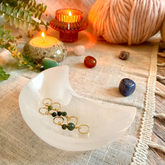 Gold and Moss Agate Stitch Markers | Set of 6 Knitting Stitch Markers