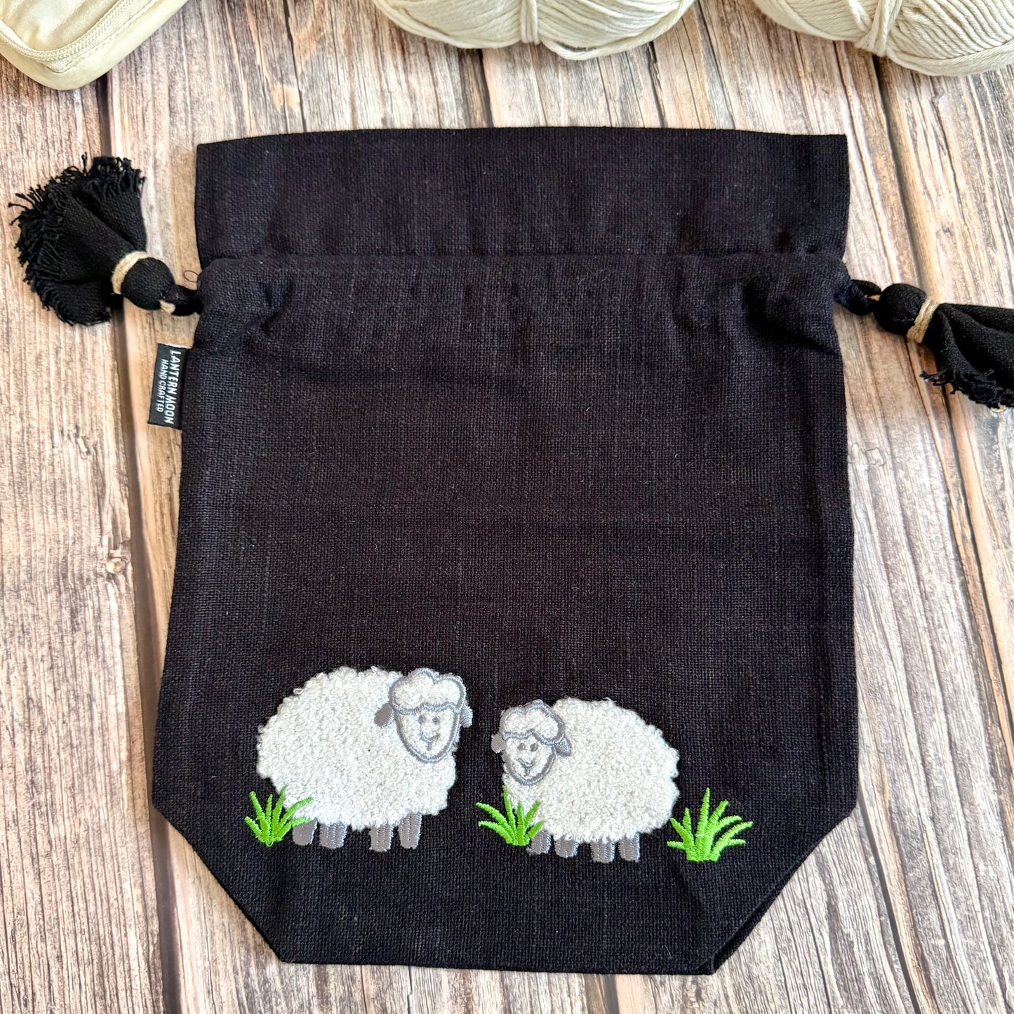 Knitting Project Bag: Lantern Moon Meadow Drawstring Bag, Embroidered Sheep