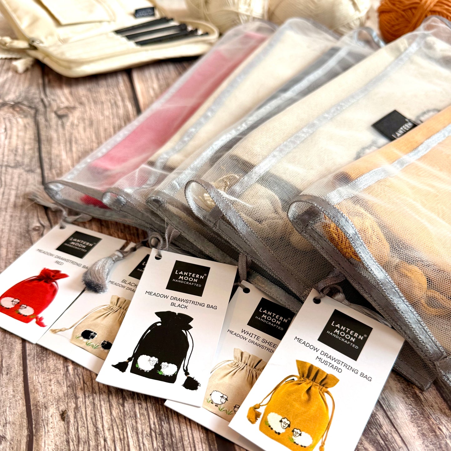 Knitting Project Bag: Lantern Moon Meadow Drawstring Bag, Embroidered Sheep