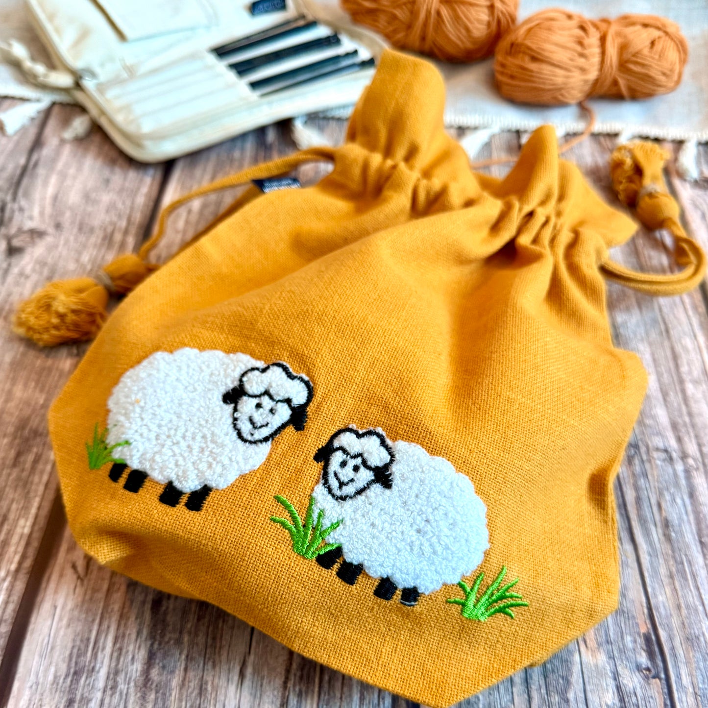Knitting Project Bag: Lantern Moon Meadow Drawstring Bag, Embroidered Sheep