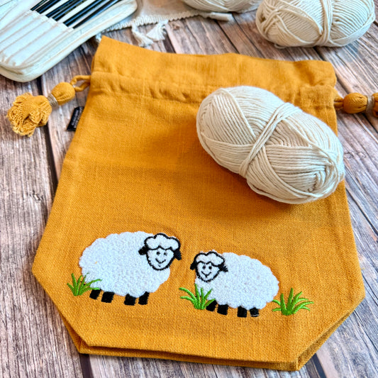 Knitting Project Bag: Lantern Moon Meadow Drawstring Bag, Embroidered Sheep