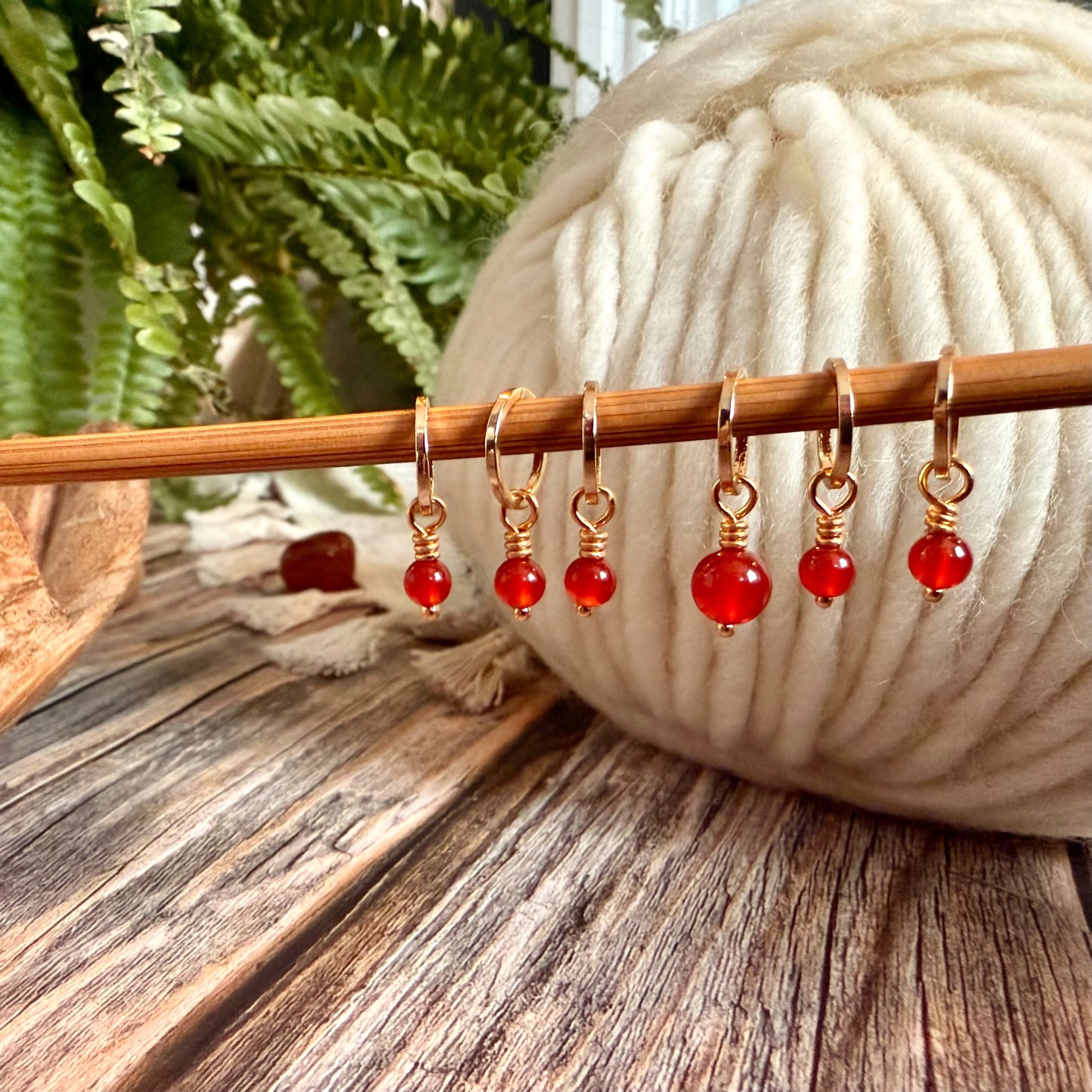 Gold and Carnelian Stitch Markers | Set of 6 Knitting Stitch Markers