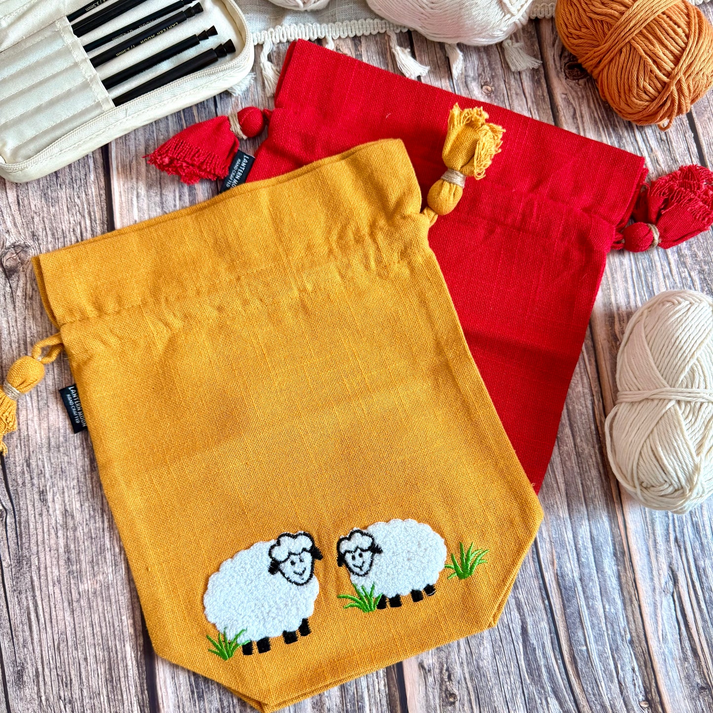 Knitting Project Bag: Lantern Moon Meadow Drawstring Bag, Embroidered Sheep