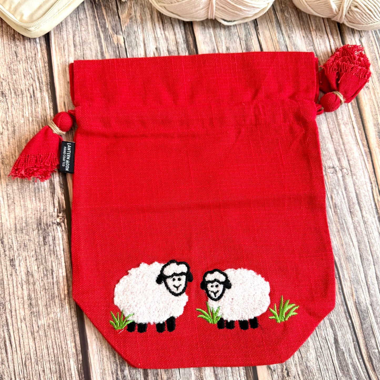 Knitting Project Bag: Lantern Moon Meadow Drawstring Bag, Embroidered Sheep