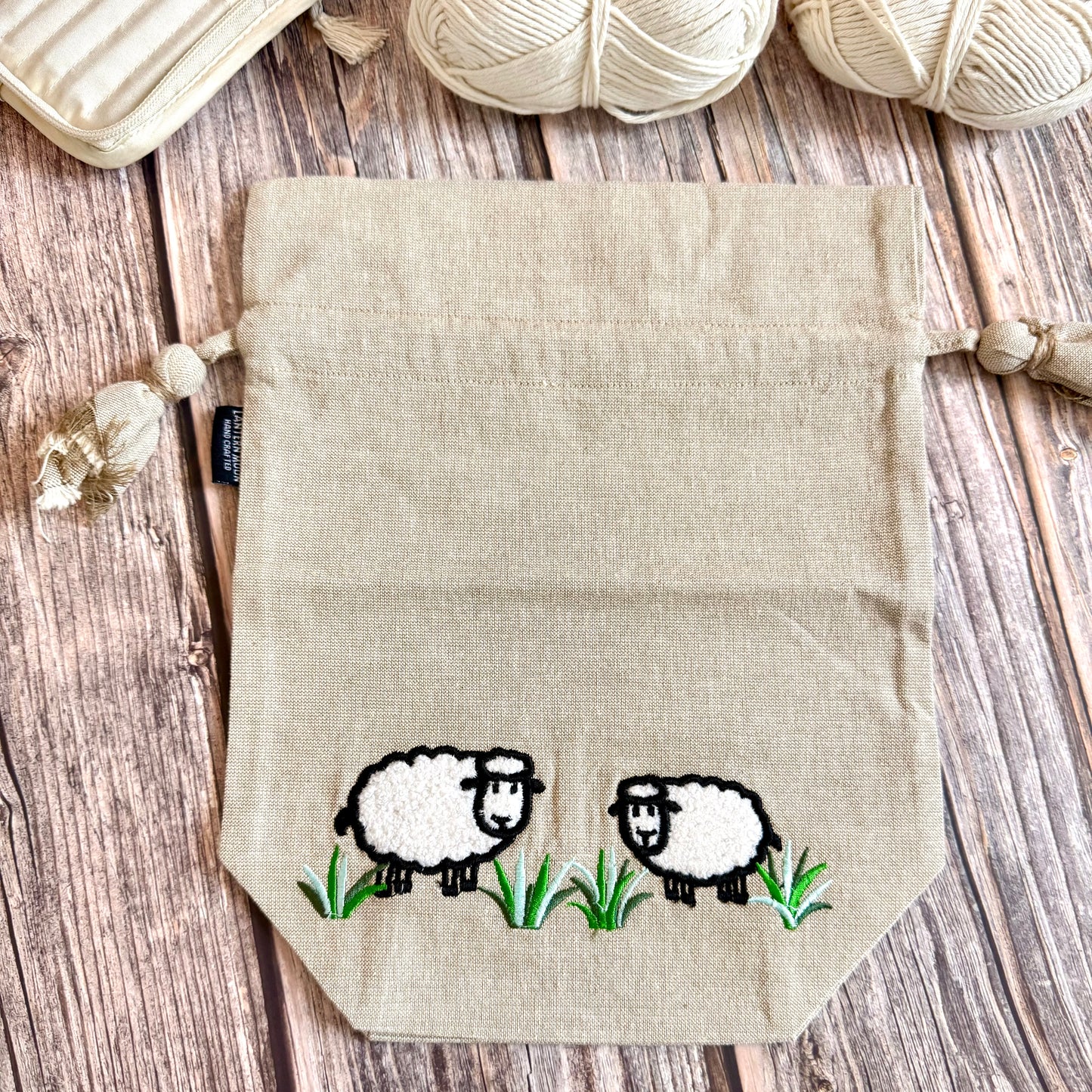 Knitting Project Bag: Lantern Moon Meadow Drawstring Bag, Embroidered Sheep
