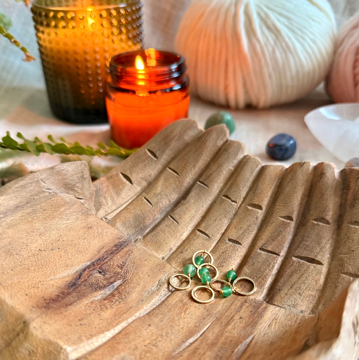 Gold and Green Aventurine Stitch Markers | Set of 6 Knitting Stitch Markers