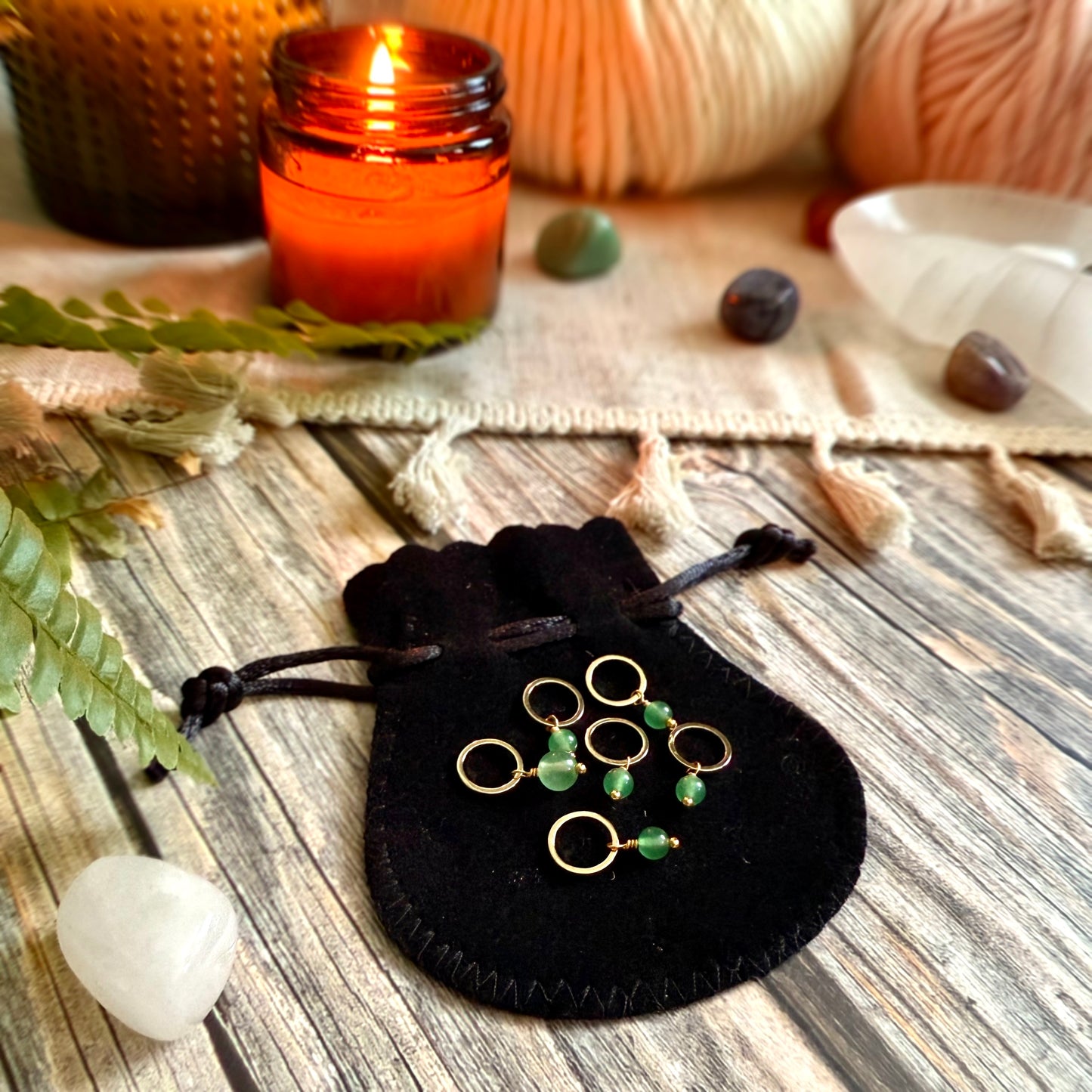 Gold and Green Aventurine Stitch Markers | Set of 6 Knitting Stitch Markers