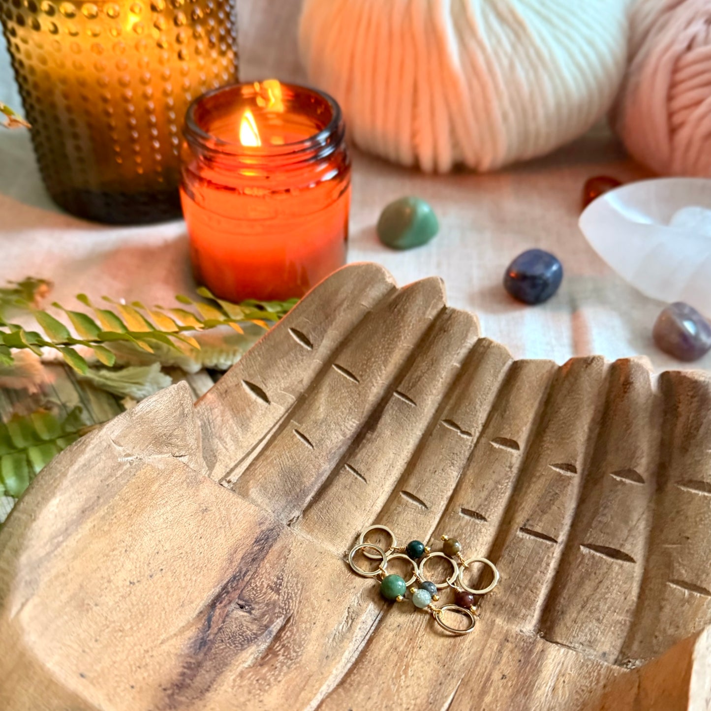 Gold and Indian Agate Stitch Markers | Set of 6 Knitting Stitch Markers