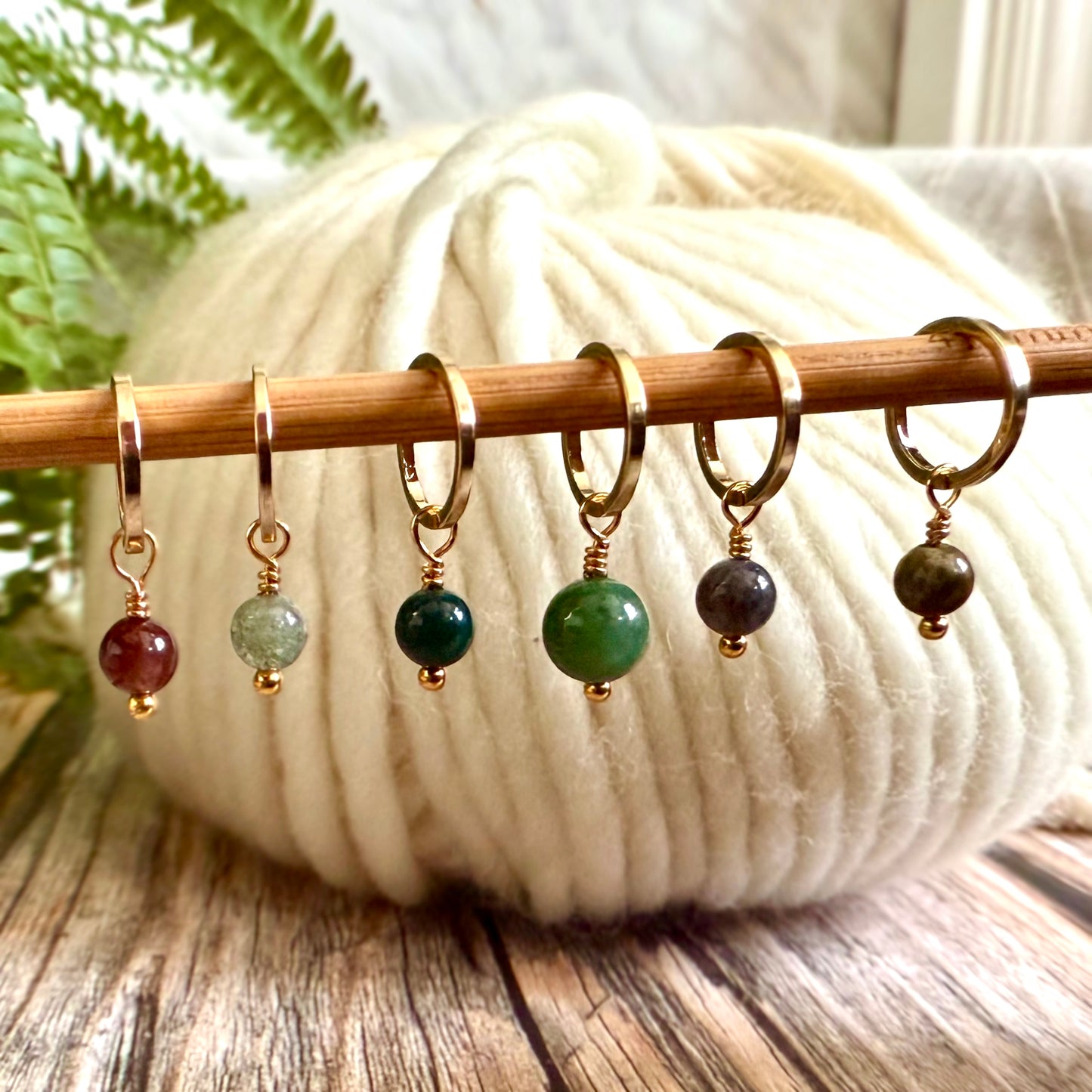 Gold and Indian Agate Stitch Markers | Set of 6 Knitting Stitch Markers