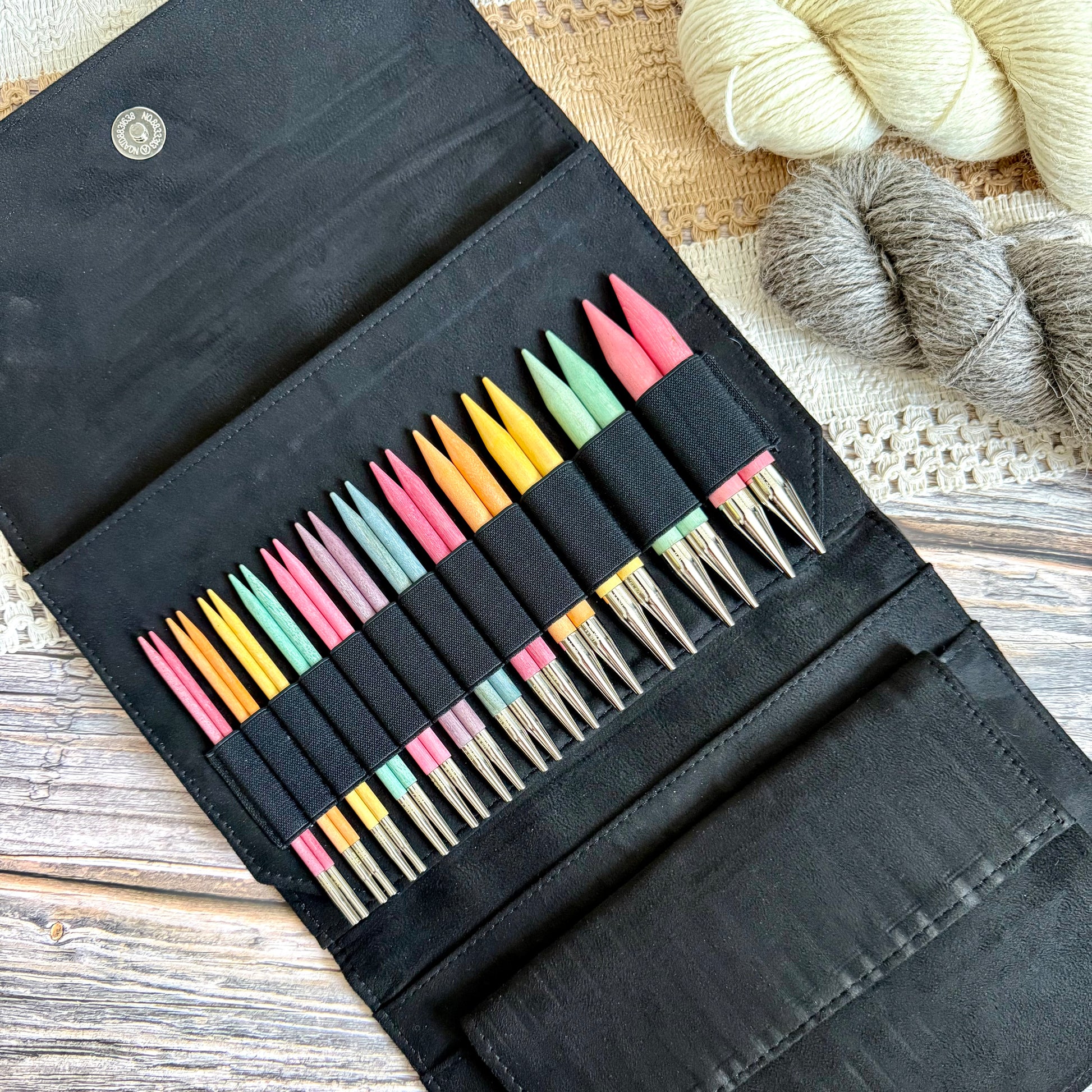 Lykke Colour 3.5 inch interchangeable knitting needle set in birch wood with colourful tips and cords in a case
