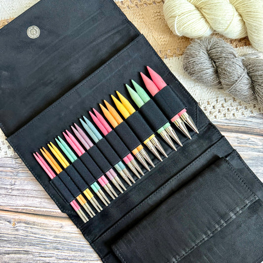 Lykke Colour 3.5 inch interchangeable knitting needle set in birch wood with colourful tips and cords in a case