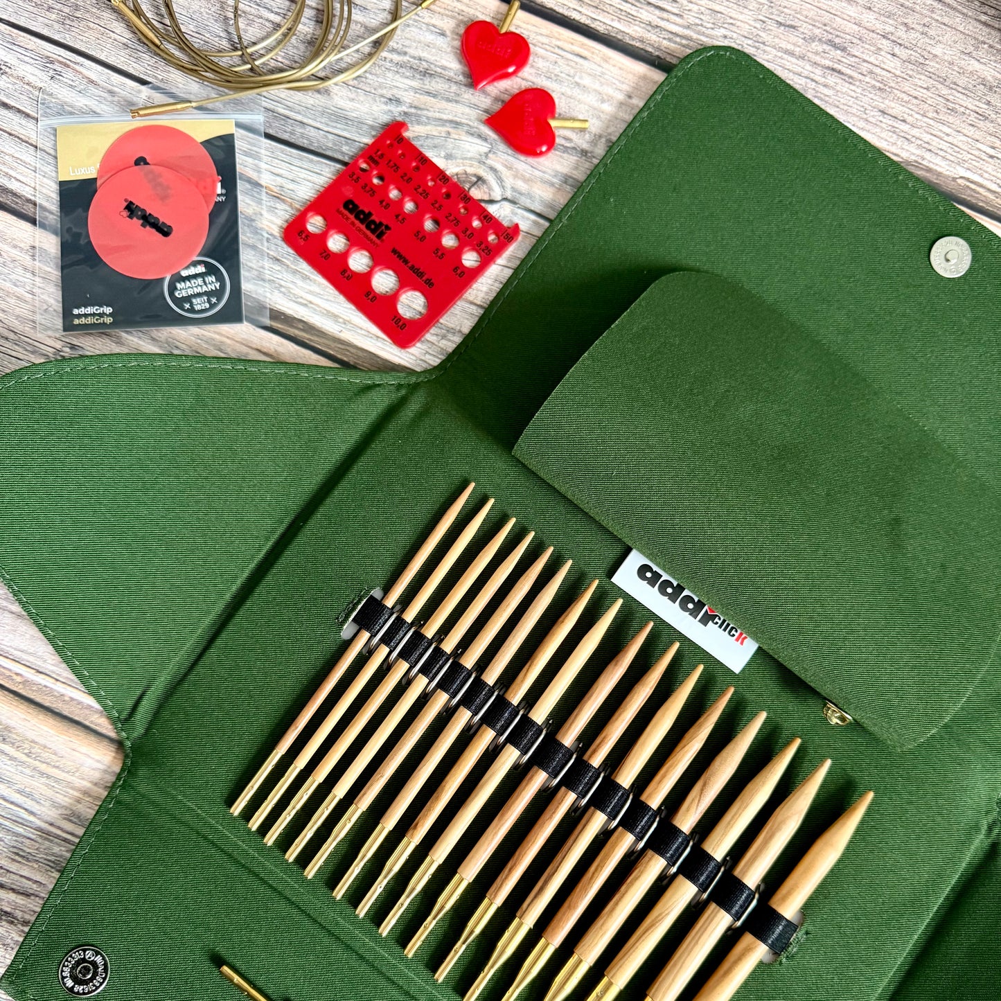 AddiNature Click Interchangeable Knitting Needle Set 3.5–8mm, Olive Wood Tips, addiClick System
