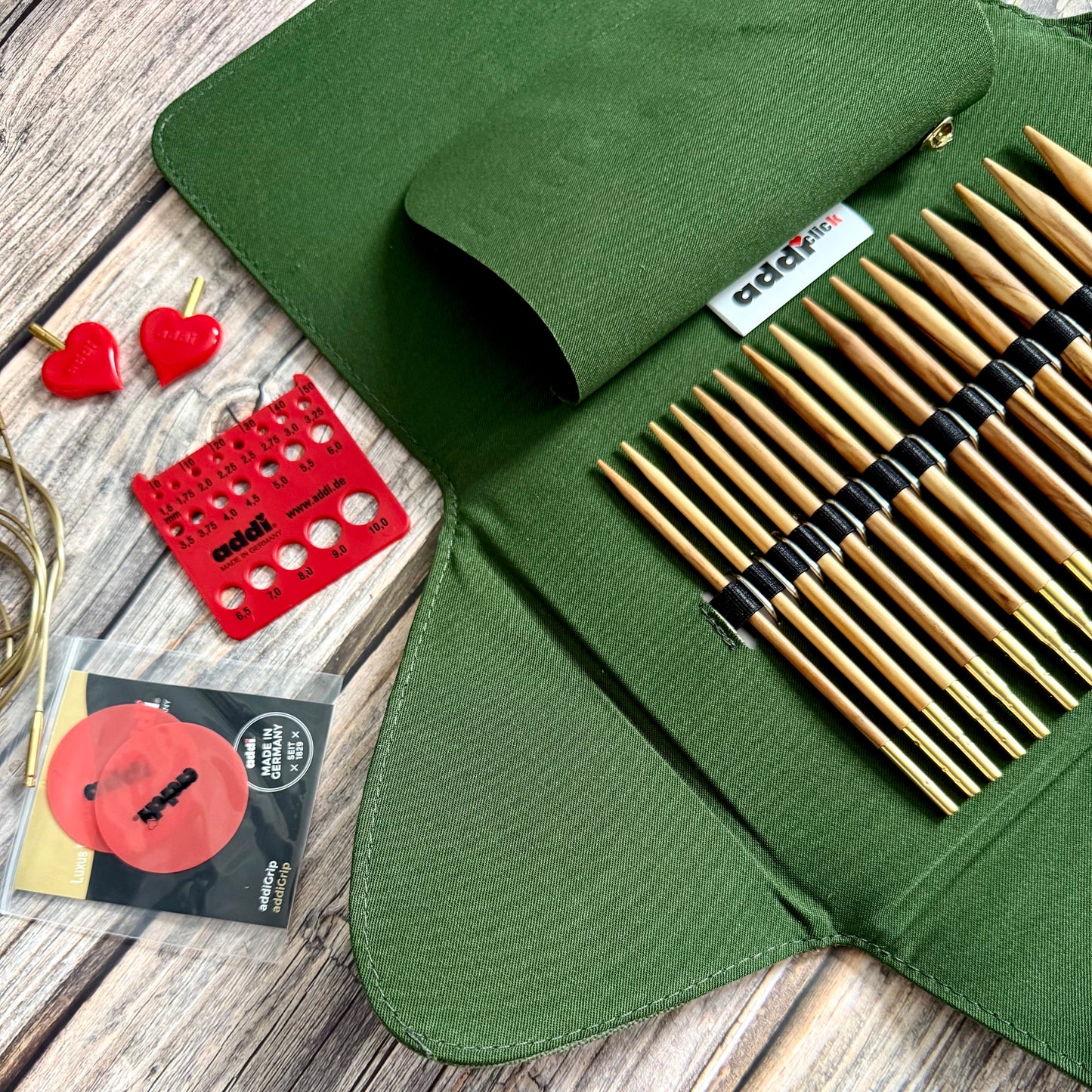 AddiNature Click Interchangeable Knitting Needle Set 3.5–8mm, Olive Wood Tips, addiClick System