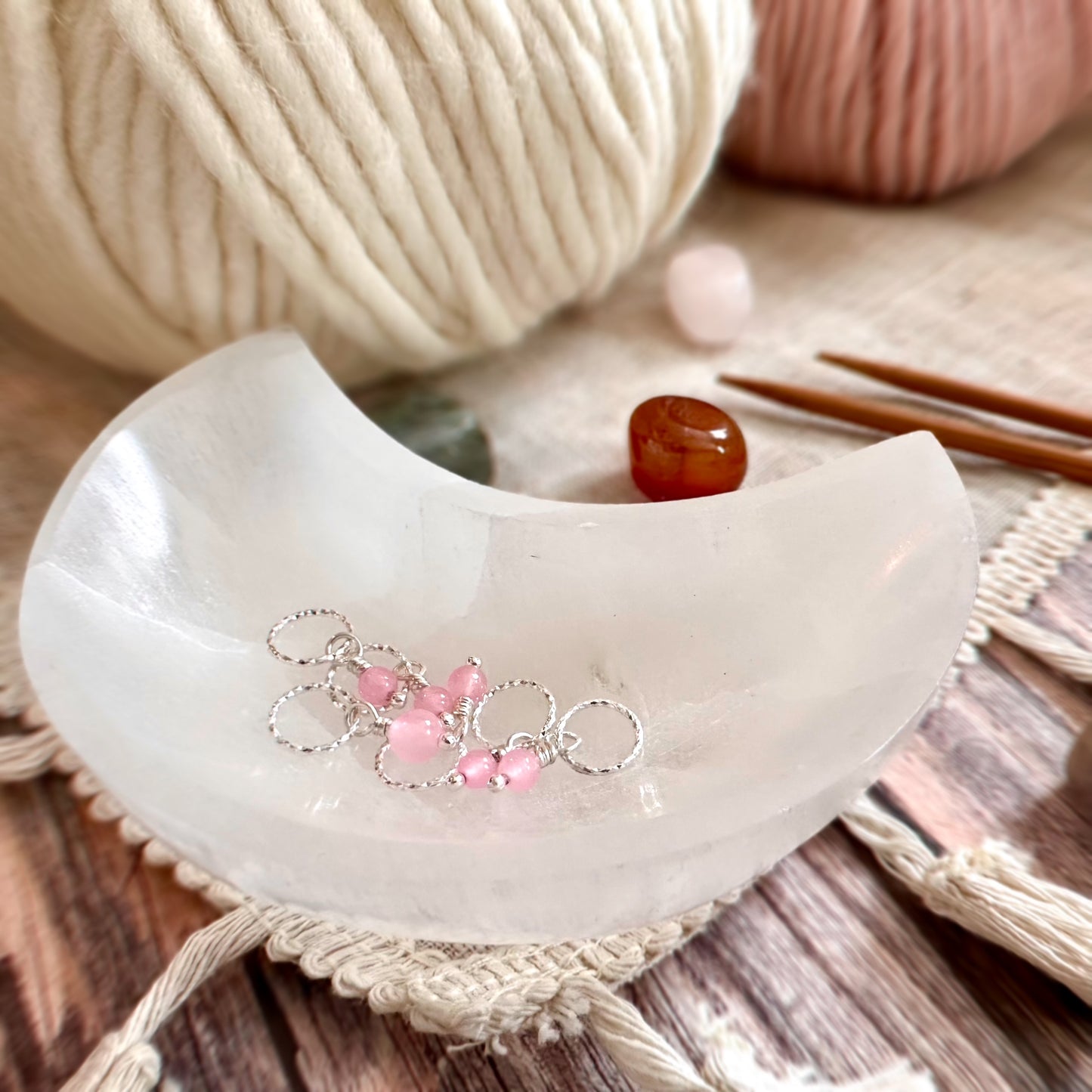 Rose Quartz Silver Stitch Markers